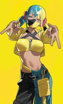 1girl 987645321o bandeau belt black_belt blue_eyes canari_(pokemon) commentary cropped_jacket double_gyaru_v eyelashes gyaru_v half-closed_eyes highres jacket long_sleeves mask midriff mouth_mask multicolored_hair navel nintendo open_clothes open_jacket pants pokemon pokemon_legends:_z-a short_twintails simple_background solo stomach twintails v yellow_background yellow_bandeau yellow_jacket zipper zipper_pull_tab