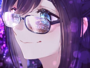 1girl a-chan_(hololive) absurdres black-framed_eyewear blue_eyes blue_hair close-up commentary_request concert crowd eyelashes glasses happy highres hololive hyde_(tabakko) light_smile reflective_eyewear semi-rimless_eyewear short_hair solo stage stage_lights streamers swept_bangs virtual_youtuber