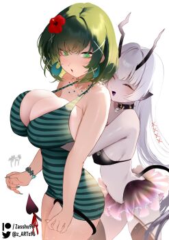 Rule 34 | 2girls, :o, bikini, black bikini, black collar, blush, breast lift, breasts, closed eyes, collar, commission, copyright request, covered navel, demon girl, demon horns, demon tail, earrings, flower, grabbing another's breast, grabbing from behind, green eyes, green hair, green nails, green one-piece swimsuit, grey hair, groping, hair flower, hair ornament, hibiscus, highres, horns, jewelry, large breasts, long hair, medium breasts, multiple girls, navel, necklace, old-fashioned swimsuit, one-piece swimsuit, paid reward available, pointy ears, ribbon, short hair, smile, spiked collar, spikes, strap gap, swimsuit, tail, tail ornament, tail ribbon, tail wrap, twitter username, very long hair, white background, x hair ornament, yuri, zasshu