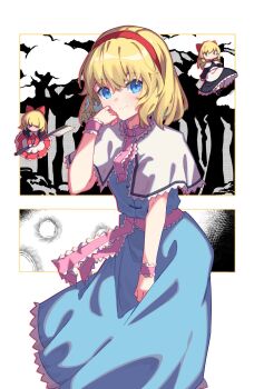1girl alice_margatroid blonde_hair blue_dress blue_eyes capelet doll dress frills hairband highres looking_at_viewer neckerchief red_hairband sash short_hair simple_background skirt solo touhou white_background white_capelet yokura_(yukilina)