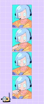 Rule 34 | 1boy, animal ears, black eyes, blue hair, cigarette, facial mark, fake animal ears, grid background, highres, holding, holding cigarette, joint (drug), looking at viewer, male focus, neko oven, nyon (randal's friends), purple background, randal's friends, shirt, short hair, smoking, sweat, whisker markings, yellow shirt