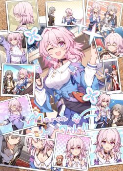 1girl :3 black_choker black_gloves black_jacket blue_eyes character_request choker closed_eyes closed_mouth earrings gloves grey_hair hair_between_eyes highres honkai:_star_rail honkai_(series) jacket jewelry long_sleeves looking_at_viewer march_7th_(honkai:_star_rail) march_7th_(preservation)_(honkai:_star_rail) medium_hair one_eye_closed open_mouth pink_eyes pink_hair shirt smile stelle_(honkai:_star_rail) t@ke-g trailblazer_(honkai:_star_rail) white_shirt