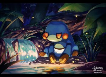 aobi_3814 colored_skin croagunk fireflies forest gen_4_pokemon highres leaf nature nintendo no_humans outdoors pokemon pokemon_(creature) pokemon_focus purple_skin river sitting solo teeth twitter_username water yellow_eyes