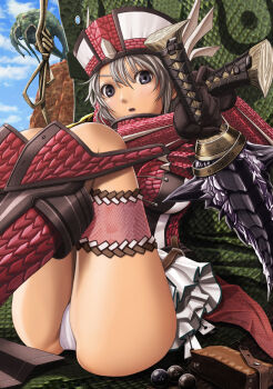 Rule 34 | 1girl, :o, against wall, armor, ass, belt, blue eyes, blush, boots, capcom, cloud, day, dual wielding, embarrassed, female focus, gloves, hat, holding, knee boots, legs up, looking at viewer, md5 mismatch, monster hunter (series), monster hunter frontier, outdoors, panties, pantyshot, pleated skirt, pouch, purple eyes, red legwear, resolution mismatch, rioduo (armor), rock, scales, short hair, silver hair, sitting, skirt, sky, solo, source larger, surprised, sword, thigh strap, underwear, upskirt, v-mag, weapon, white panties