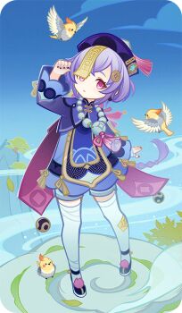 1girl bad_source bead_necklace beads black_shoes black_thighhighs braid braided_ponytail coin_hair_ornament full_body genshin_impact hair_ornament hand_up hat jewelry jiangshi long_hair long_sleeves looking_at_viewer necklace official_art ofuda ofuda_on_head orb parted_lips purple_hair purple_hat qiqi_(genshin_impact) shoes solo standing thighhighs yin_yang yin_yang_orb