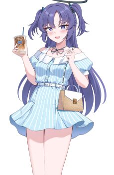 Rule 34 | 1girl, absurdres, bag, bare shoulders, belt, blue archive, blue dress, blush, breasts, commentary, dress, drink, hair between eyes, halo, highres, holding, holding drink, ice, ice cube, kyujuukyu, long hair, looking at viewer, mechanical halo, millennium science school logo, open mouth, shoulder bag, thighs, two side up, untranslatable commentary, very long hair, white background, white belt, yuuka (blue archive)