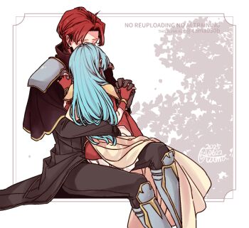 Rule 34 | 1boy, 1girl, 2025, aqua eyes, aqua hair, armor, armored boots, black capelet, black pants, black shirt, boots, breastplate, cape, capelet, commentary request, eirika (fire emblem), feet out of frame, fire emblem, fire emblem: the sacred stones, from side, gloves, grey armor, grey boots, hetero, highres, holding hands, interlocked fingers, invisible chair, long hair, long sleeves, nintendo, pants, parted bangs, red gloves, red hair, red shirt, sayu030b, seth (fire emblem), shirt, short hair, short sleeves, shoulder armor, sitting, sitting on person, two-tone background, watermark, white background, yellow armor, yellow cape