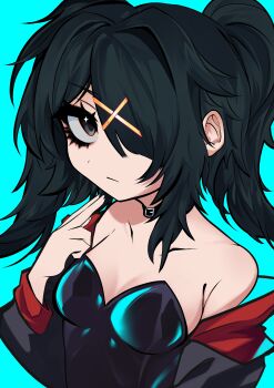 1girl absurdres ame-chan_(needy_girl_overdose) aqua_background bare_shoulders black_eyes black_hair black_leotard breasts choker cleavage commentary corset english_commentary hair_intakes hair_ornament hairclip highres jacket kamiiywu leotard looking_at_viewer medium_breasts medium_hair needy_girl_overdose one_eye_covered open_clothes open_jacket pointing pointing_at_self sideboob sidelocks solo strapless strapless_leotard twintails upper_body x_hair_ornament