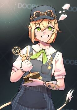 1girl absurdres black_hat black_overalls blonde_hair commentary dooby emmy_(award) english_commentary gloves goggles goggles_on_headwear green_eyes grin hair_ornament hat highres holding holding_trophy indie_virtual_youtuber joe_westbrook overalls shirt smile solo steam striped_clothes striped_overalls tail trophy upper_body virtual_youtuber white_gloves white_shirt