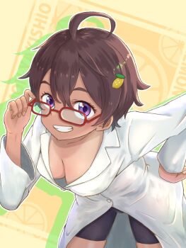 1girl adjusting_eyewear bespectacled bike_shorts black_hair black_shorts breasts character_name collarbone commentary_request cowboy_shot dark-skinned_female dark_skin downblouse food-themed_hair_ornament glasses grin hair_between_eyes hair_ornament hand_on_own_hip hand_up lab_coat leaning_forward lemon_hair_ornament long_sleeves looking_at_viewer looking_over_eyewear make_heroine_ga_oo_sugiru! medium_breasts outline purple_eyes red-framed_eyewear short_hair shorts smile solo umeeeeeonigiri white_outline yakishio_lemon