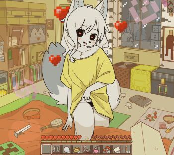 1girl animal_ears black_eyes blush cat_tail furry furry_female heart highres indoors looking_at_viewer mike_no_hito minecraft pov shirt tail wolf_(minecraft)