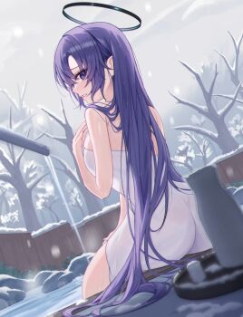1girl black_halo blue_archive commentary_request from_behind halo hand_up long_hair looking_at_viewer looking_back melt_(melt_out1) naked_towel onsen outdoors parted_lips purple_eyes purple_hair sitting solo towel very_long_hair yuuka_(blue_archive)