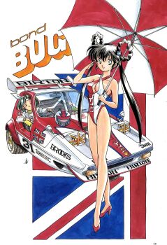 2girls akai_pegasus bare_arms bare_legs black_hair bond_bug bow braid braided_hair_rings breasts brown_eyes car cleavage closed_mouth clothes_writing commentary_request criss-cross_halter green_eyes green_hair hair_bow hair_rings halterneck hand_up headband helmet high_heels highres holding holding_umbrella jumpsuit kanzaki_azusa leotard long_hair looking_at_viewer mamono_hunter_youko mano_youko medium_breasts miyao_gaku motor_vehicle motorcycle_helmet multiple_girls official_art one_eye_closed page_number parted_lips race_queen race_vehicle racecar racing_suit red_leotard red_shoes red_umbrella salute shell_(company) shoes short_hair signature sitting smile spoiler_(automobile) sponsor three-wheeler twintails umbrella union_jack unworn_headwear unworn_helmet vehicle_name very_long_hair white_bow white_headband white_jumpsuit