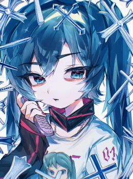 1girl blue_eyes blue_hair cellphone commentary_request cross cross_hair_ornament double-parted_bangs flip_phone hair_ornament hatsune_miku highres holding holding_phone latin_cross long_hair long_sleeves looking_at_viewer okubatomaeba open_mouth phone shirt solo twintails upper_body vocaloid white_shirt