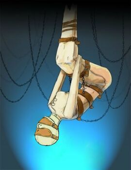 1girl bdsm belt blindfold bodysuit bondage bound chain collar corset earmuffs encasement female_focus gag gagged gimp_suit gimpsuit glados hood immobilization isolation leather legbinder lock mask navel padlock personification pinup_(style) portal_(series) portal_1 remake sensory_deprivation slave solo straitjacket strap upside-down valve