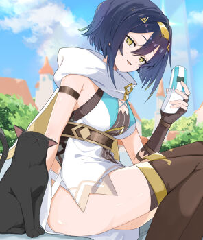 1girl amber_(stella_sora) black_cat black_gloves black_hair blue_sky breasts brown_thighhighs building cat cellphone cleavage commentary_request fingernails flip_phone gloves hairband highres holding holding_phone looking_at_viewer neco_neco_maru1 open_mouth outdoors phone short_hair sitting sky smile solo stella_sora thighhighs yellow_eyes yellow_hairband