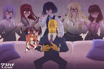 Rule 34 | 1boy, 5girls, ahoge, artist name, baseball bat, blonde hair, box, brown hair, cellphone, character request, closed mouth, commentary request, couch, formal clothes, gakuen idolmaster, gift, gift box, green eyes, hairband, hammer, hand on another's shoulder, hataya misuzu, hatsuboshi gakuen school uniform, heart-shaped box, highres, holding, holding baseball bat, holding gift, holding hammer, holding knife, holding phone, holding weapon, horse girl, hoshii miki, idolmaster, idolmaster (classic), idolmaster cinderella girls, idolmaster million live!, idolmaster shiny colors, jacket, jealous, knife, kurihachi, lapels, long hair, long sleeves, looking at another, medium hair, mole, mole under mouth, multiple girls, necktie, notched lapels, on couch, p-head producer, pants, phone, pillow, pink hairband, producer (idolmaster), purple eyes, purple hair, purple necktie, red eyes, red hair, sakuma mayu, school uniform, shaded face, short hair, sitting, sledgehammer, smartphone, standing, suit, suit jacket, suzuki hana, tanaka kotoha, twitter username, umamusume, valentine, weapon, yandere