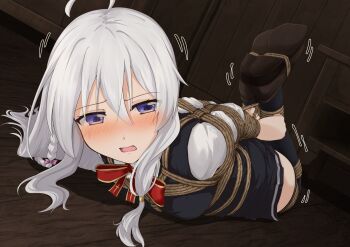 ahoge arms_behind_back bdsm black_thighhighs blush bondage bound bow bowtie braid breasts collared_shirt crying crying_with_eyes_open elaina_(majo_no_tabitabi) femuto grey_hair highres hogtie long_hair looking_at_viewer lying majo_no_tabitabi on_stomach open_mouth purple_eyes red_bow red_bowtie restrained shibari shibari_over_clothes shirt shoes skindentation small_breasts tears thighhighs white_shirt zettai_ryouiki