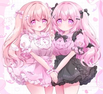 2girls absurdres black_bow black_skirt blush bow breasts chiika_(cure_cherish) closed_mouth frills hair_bow hair_ornament highres jirai_kei large_breasts long_hair looking_at_viewer multiple_girls open_mouth original pink_bow pink_eyes pink_hair pink_shirt pink_skirt purple_eyes shirt short_sleeves skirt smile tia_(chiika_cure_cherish)