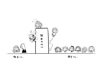 1other 6+girls :3 :d alcohol baba_konomi beer beer_mug blush_stickers bowl braid character_request check_character chibi chopsticks closed_eyes closed_mouth commentary_request cup curled_ends drawstring dress eating flying_sweatdrops food forehead greyscale hair_ribbon hairband handa_roco highres holding holding_bowl holding_chopsticks hood hood_down hoodie idolmaster idolmaster_million_live! long_hair makabe_mizuki miyao_miya monochrome mug multiple_girls necktie nikaido_chizuru noodles notice_lines ogami_tamaki one_side_up open_mouth p-head_producer pants pants_under_dress pantyhose parted_bangs ponytail producer_(idolmaster) ramen ribbon shijou_takane shirt short_hair simple_background skirt smile suou_momoko thick_eyebrows tokugawa_matsuri translation_request uccow v-shaped_eyebrows very_long_hair white_background |_|