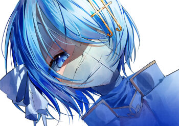 1girl bandage_on_face bandage_over_one_eye bandages blue_bow blue_cape blue_eyes blue_hair bow cape commentary_request dutch_angle fortissimo from_below hair_bow hair_over_one_eye high_collar highres looking_at_viewer mahou_shoujo_madoka_magica mahou_shoujo_madoka_magica:_walpurgis_no_kaiten mahou_shoujo_madoka_magica_(anime) miki_sayaka miki_sayaka_(magical_girl) portrait shaded_face short_hair simple_background solo taigaai4649 white_background