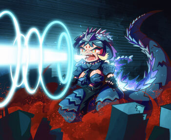 1girl absurdres atomic_breath blonde_hair blue_eyes blue_sky bones_(company) braid braided_bangs breasts breasts_apart breath_weapon building claws cleavage clothing_cutout corset cosplay destruction dress energy energy_beam energy_ring fangs fog genderswap genderswap_(mtf) giant giantess glowing glowing_eyes glowing_spikes godzilla godzilla_(cosplay) godzilla_(series) godzilla_singular_point godzilla_ultima godzilla_ultima_(cosplay) green_hair harumakoto47 hat highres humanization kaiju medium_breasts midriff monster_girl mouth_beam multicolored_eyes multicolored_hair open_mouth orange_(company) personification pigtail_braids red_eyes red_fog sharp_teeth short_hair silhouette skirt sky spikes stomach_cutout streaked_hair tail teeth textless_version toho tongue two-tone_hair variant_set veins veiny_spikes yellow_eyes