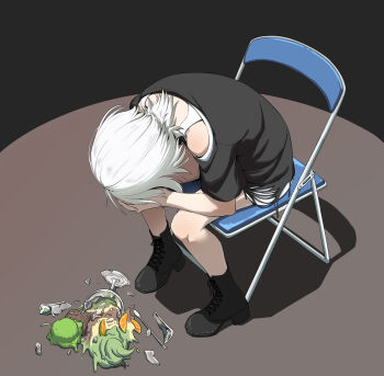 Rule 34 | 1girl, absurdres, anglediana, bang dream!, bang dream! it's mygo!!!!!, black boots, black shirt, boots, chair, chinese commentary, commentary request, highres, kaname raana, matcha parfait, medium hair, shirt, sitting, solo, spill, white hair
