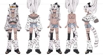 1girl absurdres animal_ears animal_print aviator_sunglasses black_bow black_hair blue_eyes boots bow commentary cutoffs dark-skinned_female dark_skin denim denim_shorts english_commentary fishnets gaomi_goro gold_necklace hair_bow highres indie_virtual_youtuber jacket jewelry kamameshi_gougoumaru leg_warmers leopard_print long_hair midriff multicolored_hair multiple_views navel necklace off-shoulder_jacket off_shoulder official_alternate_costume official_art one_side_up open_fly partially_open_jacket partially_unzipped platform_boots reference_sheet scar_on_thigh second-party_source short_shorts shorts simple_background single_thighhigh skull_ornament sleeves_past_wrists smile streaked_hair studded_choker sunglasses tail tan tanline tanline_peek thigh_strap thighhighs tiger_ears tiger_girl tiger_print_bikini tiger_tail turnaround virtual_youtuber white_background white_hair white_jacket white_leg_warmers white_tiger_print