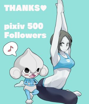 1girl :o absurdres arms_up barefoot black_pants blue_background blush_stickers breasts colored_skin crop_top eighth_note gen_3_pokemon grey_eyes highres meditite midriff musical_note navel nintendo pants pokemon pokemon_(creature) ponytail small_breasts stretching tank_top thank_you white_skin wii_fit wii_fit_trainer wii_fit_trainer_(female) xvrh8558