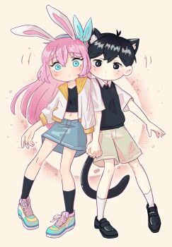 1boy 1girl antenna_hair aubrey_(faraway)_(omori) aubrey_(omori) black_eyes black_hair black_shoes black_socks black_sweater_vest blue_eyes blue_hairband blush brown_shorts chibi chibi_only closed_mouth collared_shirt commentary_request crop_top dendenmushi1064 double-parted_bangs hair_between_eyes hairband highres holding_hands interlocked_fingers jacket kemonomimi_mode loafers long_sleeves navel omori open_clothes open_jacket pink_hair rabbit_girl shirt shoes short_hair shorts sidelocks sneakers socks sunny_(omori) sweater_vest white_jacket white_shirt white_socks