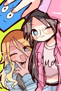 Rule 34 | 2girls, :3, black hair, blue eyes, blush, crop top, denim, denim jacket, grey eyes, highres, holding, holding phone, idolmaster, idolmaster shiny colors, izumi mei, jacket, koyubiu donburi, long hair, mirror selfie, mitsumine yuika, multiple girls, open mouth, orange hair, phone, pink jacket, round eyewear, selfie, sparkle, v, yellow-framed eyewear, yellow background