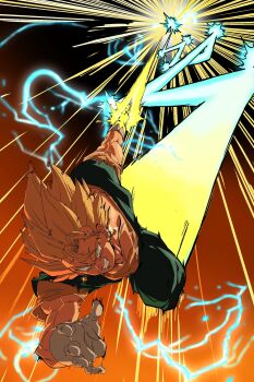 1boy absurdres arm_blade blonde_hair blue_pants blue_shirt clenched_teeth commentary_request dougi dragon_ball dragonball_z earrings energy_sword full_body gloves green_eyes highres jewelry kazumax76 male_focus medium_hair motion_lines orange_shirt pants potara_earrings shirt smirk solo speed_lines spiked_hair super_saiyan super_saiyan_1 sword teeth vegetto weapon white_gloves