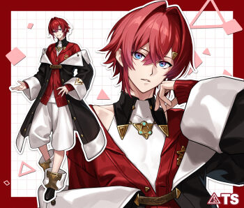 adapted_costume ange_katrina ange_katrina_(1st_costume) ankle_boots black_boots black_coat blue_eyes boots border capri_pants cardigan coat collared_shirt commentary_request crossed_bangs dotted_line genderswap genderswap_(ftm) gradient_eyes grid_background grin hair_behind_ear hair_intakes hair_ornament hand_on_own_cheek hand_on_own_face hand_up highres long_bangs looking_at_viewer male_focus multicolored_eyes multiple_views nijisanji off_shoulder outline outside_border pants parted_lips purple_eyes red_border red_cardigan red_hair shippaiderman shirt short_hair sign sleeveless sleeveless_shirt sleeves_past_wrists smile triangle_hair_ornament virtual_youtuber warning_sign white_background white_outline white_pants white_shirt wide_sleeves