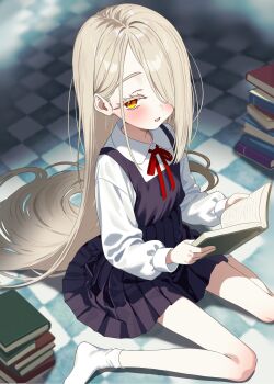 1girl absurdres black_dress blonde_hair blush book book_stack collared_shirt colored_eyelashes commentary_request dress gakuen_idolmaster hair_behind_ear hair_over_one_eye hair_spread_out highres holding holding_book idolmaster long_hair long_sleeves looking_at_viewer looking_up neck_ribbon on_floor one_eye_covered open_mouth orange_eyes parted_bangs pinafore_dress red_ribbon ribbon rounded_collar shinosawa_hiro shirt short_dress shubashuba sitting skinny sleeveless sleeveless_dress socks solo very_long_hair wariza white_shirt white_socks