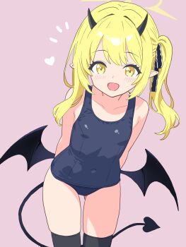 1girl :d absurdres bare_shoulders black_horns black_tail black_thighhighs black_wings blonde_hair blue_archive blue_one-piece_swimsuit blush breasts collarbone commentary_request covered_navel cowboy_shot demon_girl demon_horns demon_tail demon_wings hair_ribbon halo heart highres horns ibuki_(blue_archive) long_hair looking_at_viewer low_wings notice_lines ochazuke_(artist) old_school_swimsuit one-piece_swimsuit open_mouth pink_background pointy_ears ribbon school_swimsuit side_ponytail simple_background small_breasts smile solo swimsuit tail thighhighs wings yellow_eyes yellow_halo