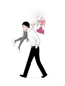 Rule 34 | 1boy, 1girl, absurdres, aiguillette, belt, beret, black hair, black pants, black pantyhose, blonde hair, blonde student council president (blue archive), blue archive, blush, blush visible through hands, carrying, carrying over shoulder, carrying person, covered face, covering face, covering own eyes, covering own face, embarrassed, facial hair, full-face blush, halo, hand blush, hands on own face, hat, highres, hikigaya 0926, lanyard, long hair, multicolored hair, multicolored halo, open mouth, over shoulder, pants, pantyhose, pink hair, sensei (blue archive), shirt, shoes, short hair, shoulder strap, simple background, streaked hair, stubble, two-tone halo, white background, white hat, white shirt, white shoes
