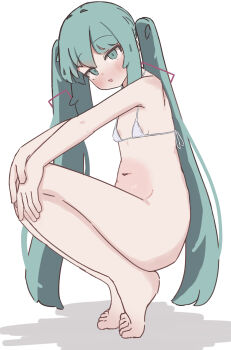 1girl 3d absurdres ass axys bikini bikini_top_only blue_hair blush breasts full_body hair_between_eyes hair_ornament hatsune_miku highres loli long_hair looking_at_viewer navel open_mouth simple_background small_breasts swimsuit twintails vocaloid white_background white_bikini