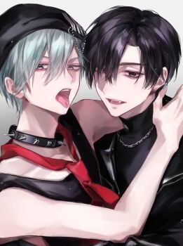 2boys alien_stage beanie black_eyes black_hair black_hat black_shirt chain chain_necklace choker fang green_eyes grey_hair hair_over_one_eye hat highres ivan_(alien_stage) jewelry male_focus moruru_08 multiple_boys necklace necktie official_alternate_costume piercing red_necktie shirt sleeveless sleeveless_shirt spiked_choker spikes till_(alien_stage) tongue tongue_out tongue_piercing turtleneck turtleneck_shirt