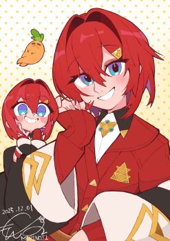 Rule 34 | 2girls, absurdres, ange katrina, ange katrina (1st costume), artist name, black coat, blue eyes, blush, blush stickers, cardigan, carrying, carrying person, chibi, coat, dated, dual persona, grin, hair between eyes, hair intakes, hair ornament, hand up, head tilt, highres, long bangs, looking at viewer, mandragora (ange katrina), mini person, minigirl, mori no ji, multicolored eyes, multiple girls, nijisanji, no pupils, off shoulder, polka dot, polka dot background, purple eyes, red cardigan, red hair, short hair, signature, sleeves past wrists, smile, triangle hair ornament, two-tone eyes, upper body, virtual youtuber, yellow background