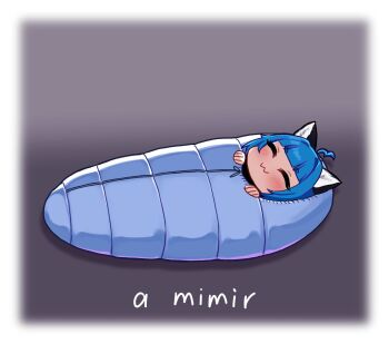 1girl :3 a_mimir_(meme) ahoge animal_ears blue_hair blunt_bangs blush border chromashift closed_eyes closed_mouth commentary english_commentary eyelashes grey_background highres lying meme on_back poko_rakun poko_rakun_(artist) raccoon_ears raccoon_girl sleeping sleeping_bag smile solo spanish_text virtual_youtuber white_border
