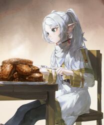 Rule 34 | 1girl, belt, bib, black pantyhose, capelet, chair, closed mouth, commentary, earrings, food, fork, frieren, from side, green eyes, grey hair, highres, holding, holding fork, jewelry, long hair, long sleeves, napkin, pantyhose, plate, pointy ears, quasarcake, simple background, sitting, skirt, solo, sousou no frieren, steak, steam, symbol-only commentary, table, too much food, twintails, white capelet, white skirt