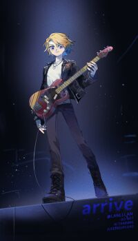 Rule 34 | 1boy, black boots, black jacket, black pants, blonde hair, blue eyes, boots, digimon, digimon adventure 02, electric guitar, full body, guitar, highres, instrument, ishida yamato, jacket, jewelry, lanlllan, looking at viewer, male focus, pants, pendant, shirt, short hair, solo, standing, white shirt
