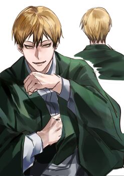 1boy black_hair blonde_hair colored_tips ear_piercing earrings hair_between_eyes highres japanese_clothes jewelry jujutsu_kaisen looking_at_viewer male_focus multicolored_hair multiple_piercings multiple_views open_mouth piercing short_hair simple_background streaked_hair teeth two-tone_hair white_background xingkon818 yellow_eyes zen&#039;in_naoya