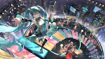1boy 3girls :d absurdres aqua_eyes aqua_hair aqua_necktie arm_up band_(music) bare_shoulders black_footwear black_leg_warmers black_shirt black_shorts black_skirt black_sleeves blonde_hair blue_eyes boots bow breasts brother_and_sister brown_sleeves building character_name city_lights cityscape collared_shirt detached_sleeves drum drum_set drumsticks electric_guitar floating_hair floating_stairs from_above grey_sailor_collar grey_shirt grey_sleeves guitar hair_between_eyes hair_bow hair_ornament hand_up hatsune_miku headphones high_heels highres holding holding_drumsticks holding_instrument instrument kagamine_len kagamine_rin keyboard_(instrument) koukakaka leg_up leg_warmers long_hair long_skirt looking_at_viewer medium_breasts megurine_luka microphone_stand miniskirt multiple_girls necktie night open_mouth pink_hair pleated_skirt sailor_collar shirt short_hair shorts siblings single_detached_sleeve sitting skirt sleeveless sleeveless_shirt smile solo_focus stage stage_lights standing standing_on_one_leg thigh_boots truss twins twintails very_long_hair vocaloid watermark weibo_watermark white_shirt