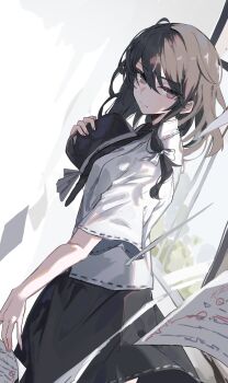 1girl black_hat black_skirt bow brown_eyes brown_hair closed_mouth collared_shirt hair_between_eyes hair_bow hat hat_bow highres holding holding_paper holding_unworn_clothes holding_unworn_hat medium_hair muraryo paper red_eyes shirt short_sleeves skirt smile solo standing taboo_japan_disentanglement touhou unworn_hat unworn_headwear usami_renko white_background white_bow white_shirt