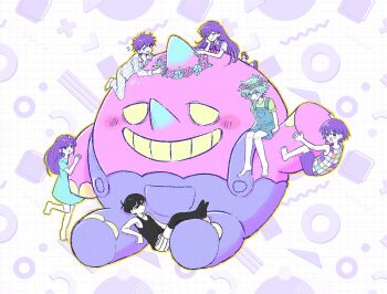 2girls 5boys alternate_eye_color antenna_hair aubrey_(headspace)_(omori) aubrey_(omori) barefoot basil_(headspace)_(omori) basil_(omori) black_eyes black_hair black_tank_top black_thighhighs blue_overalls blue_shirt blush boss_(omori) bow bright_pupils closed_eyes collarbone collared_shirt colored_skin flower flying_sweatdrops green_eyes green_shirt grin hair_bow head_wreath hero_(headspace)_(omori) hero_(omori) highres kel_(headspace)_(omori) kel_(omori) long_hair long_shirt long_sleeves mari_(headspace)_(omori) mari_(omori) multiple_boys multiple_girls neckerchief omori omori_(omori) one_eye_closed overalls pajamas pink_bow purple_hair purple_shoes purple_sweater_vest red_neckerchief salt_xs2 shirt shoes short_hair short_sleeves shorts sitting smile standing striped_clothes striped_pajamas striped_shorts sweater_vest t-shirt tank_top teeth thighhighs vertical-striped_clothes vertical-striped_pajamas vertical-striped_shorts white_pupils white_shirt white_shorts white_skin