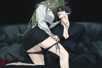 Rule 34 | 1boy, 1girl, alternate costume, aotu world, ass, belt, bespectacled, black-framed eyewear, black belt, black hair, black panties, black pants, black shirt, black shoes, black skirt, breasts, collarbone, collared shirt, couch, dress shirt, facial scar, genderswap, genderswap (mtf), glasses, green hair, hair down, hand on another's waist, hand on own thigh, hetero, high heels, highres, kneeling, lace, lace-trimmed panties, lace trim, large breasts, long hair, long sleeves, looking at another, miniskirt, office lady, on couch, open collar, open mouth, panties, pants, panty pull, parted lips, pectoral cleavage, pectorals, pencil skirt, pointy ears, purple eyes, ray (aotu world), scar, scar on cheek, scar on face, scar on neck, shirt, shirt tucked in, shoes, short hair, side-tie panties, sitting, skirt, smile, toned, toned male, underwear, undressing, very long hair, white shirt, xander (aotu world), yigeniuren