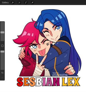 2girls arcane:_league_of_legends arcane_caitlyn arcane_vi art_program_in_frame artandmartini bandaged_hand bandages blue_eyes blue_hair caitlyn_(league_of_legends) head_hug highres hug league_of_legends looking_at_viewer meme multiple_girls one_eye_closed pink_hair procreate_(medium) say_gex_(meme) smile tongue tongue_out v vi_(league_of_legends) yuri