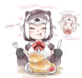 1girl :3 :p animal_ears blush bow bowtie brown_eyes brown_hair brown_shirt brown_sleeves closed_eyes crumbs detached_sleeves fish food fork fruit gloves grey_gloves hair_between_eyes kemono_friends knife miyakko multicolored_hair multiple_views north_american_river_otter_(kemono_friends) otter_ears otter_girl pancake red_bow red_bowtie shirt short_hair short_sleeves sidelocks sitting solo souffle_pancake strawberry t-shirt tongue tongue_out two-tone_hair two-tone_shirt white_hair white_shirt