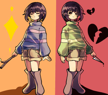 Rule 34 | 2others, absurdres, androgynous, blood, blood drip, blue sweater, broken heart, brown hair, brown shorts, chara (undertale), closed eyes, closed mouth, collared sweater, commentary, dot nose, four-pointed star, frisk (undertale), frown, green sweater, heart, highres, holding, holding knife, holding stick, knife, long sleeves, looking at viewer, multiple others, other focus, pocket, red background, red eyes, shadow, shirt, short hair, shorts, sidelocks, smile, standing, stick, striped clothes, striped sweater, sweater, two-tone background, two-tone sweater, undertale, user jnhm8724, utdr (toby fox), yellow background